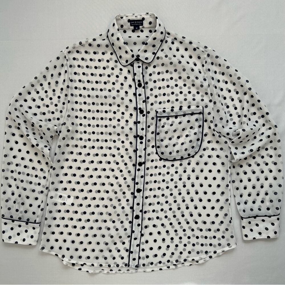 Cape Madras Sheer Polka Dot Button Up Blouse White Navy Blue Medium